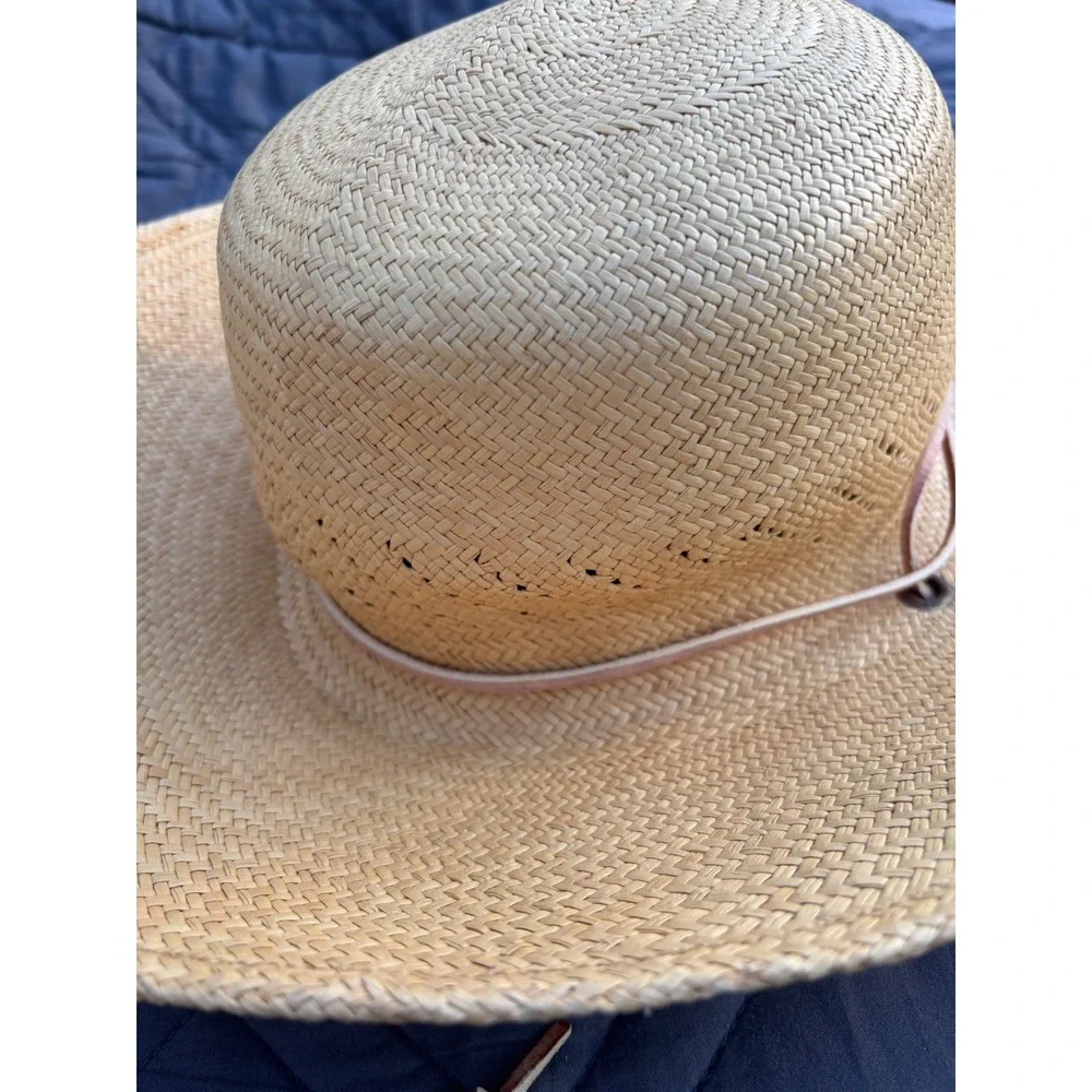 Open Crown Cowboy Hat Vintage SF Green Straw Natural Tan Woven Lightweight